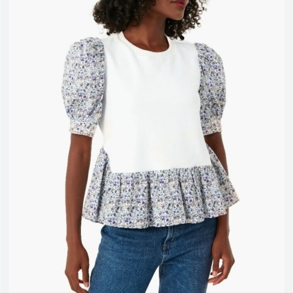 Hyacinth House Womens Cottagecore Romantic Puff Sleeve Peplum Top XS Floral